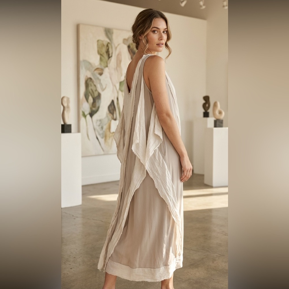Clu Women's Gray Silk Hemp
Scoop Neck Sleeveless
Lagenlook Casual Midi Dress S - Picture 14 of 15